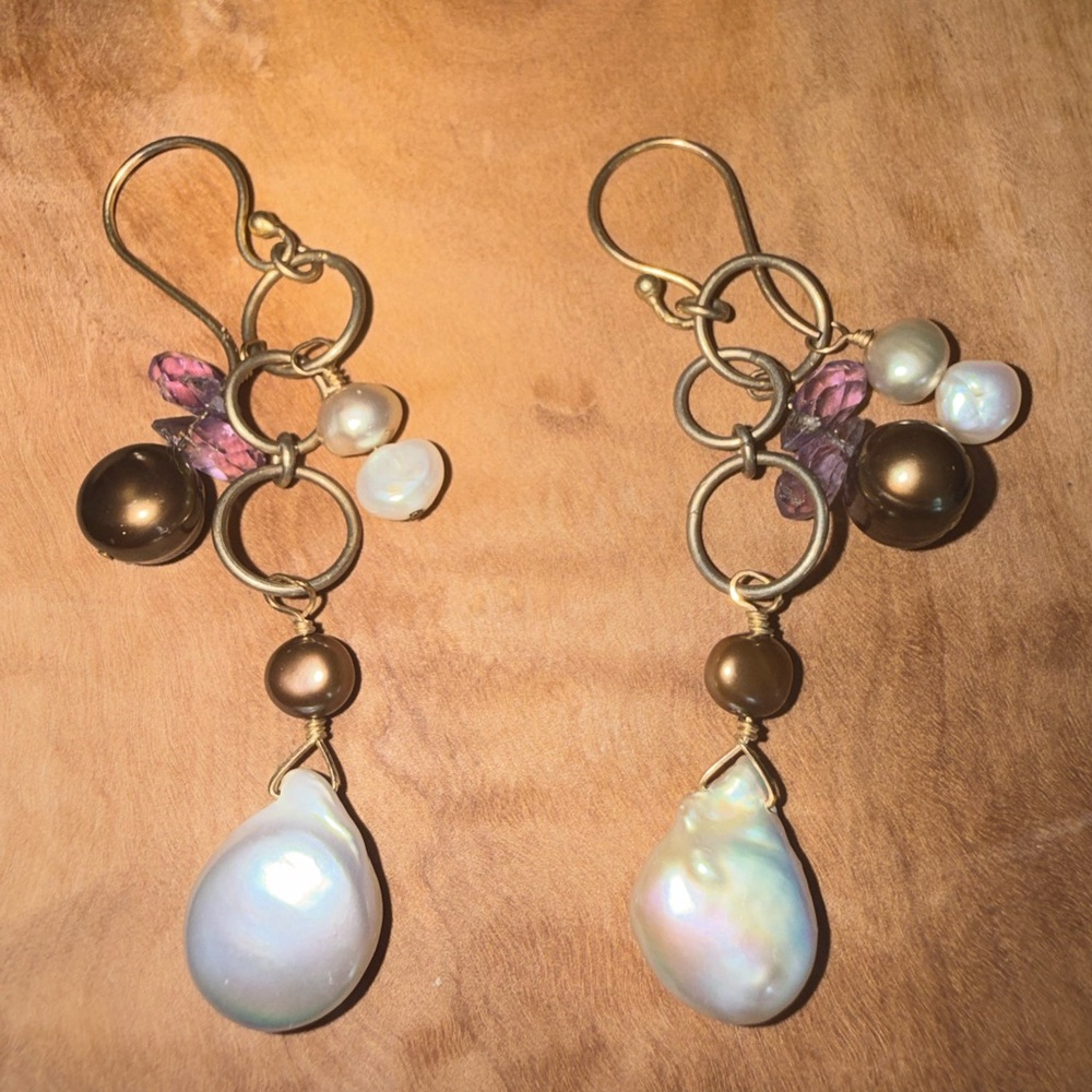 Vintage Italian Scaramazza Pearl Drop Earrings Amethyst Freshwater Graziella